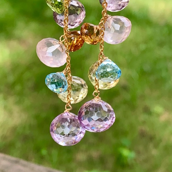 14K Gold Multi Gemstone Amethyst Kisses Briolette Chandelier Earrings - Picture 1 of 8